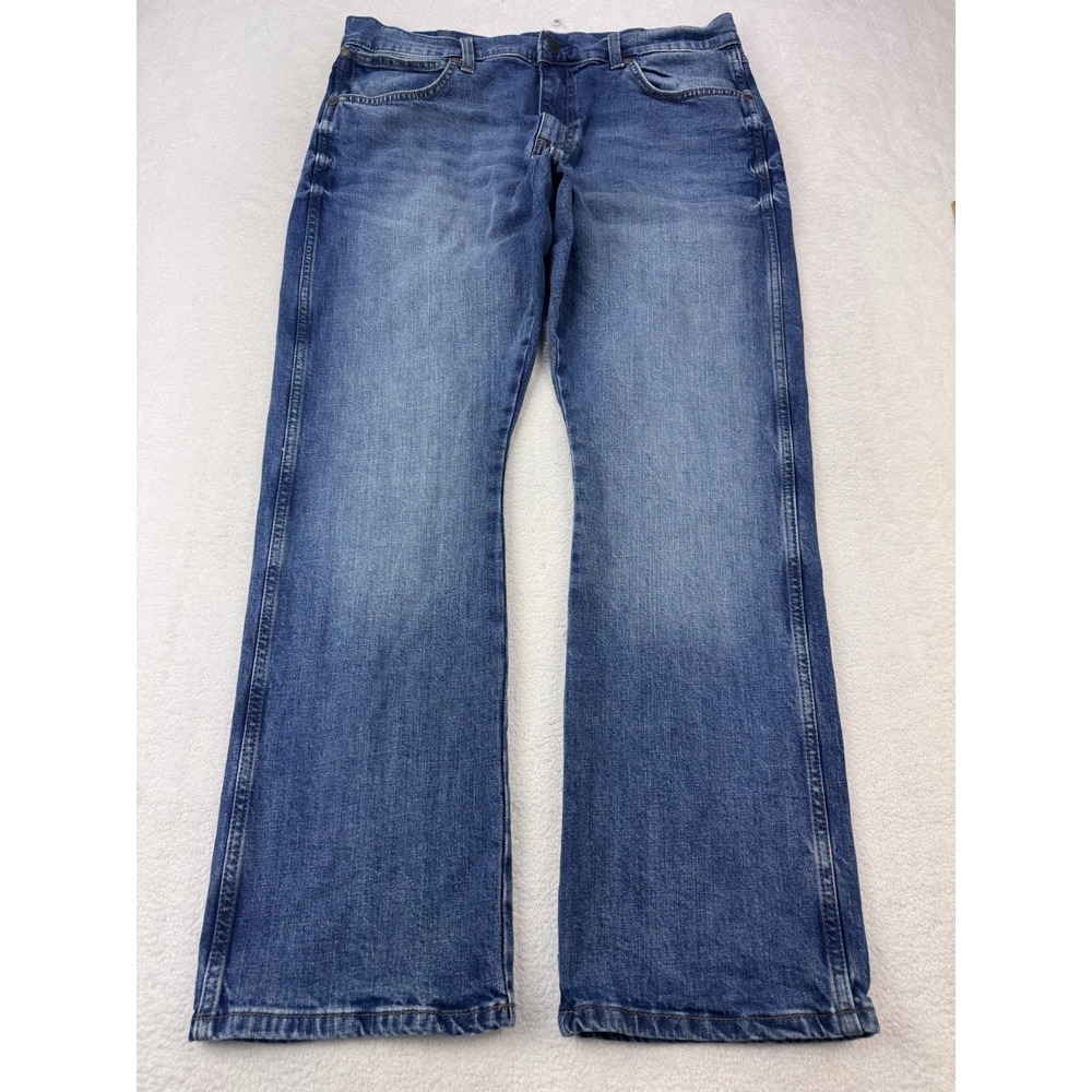 Wrangler Retro Jeans Men's 35x32 Blue Slim Boot Whisker Distressed Denim